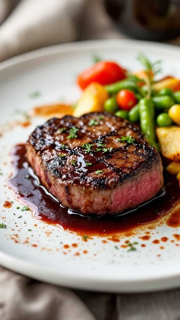 Seared filet mignon with red wine reduction on a plate