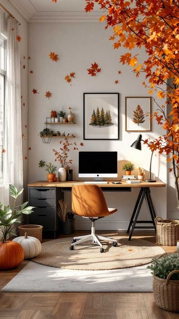 Modern home office decorated for fall with pumpkins and autumn leaves.
