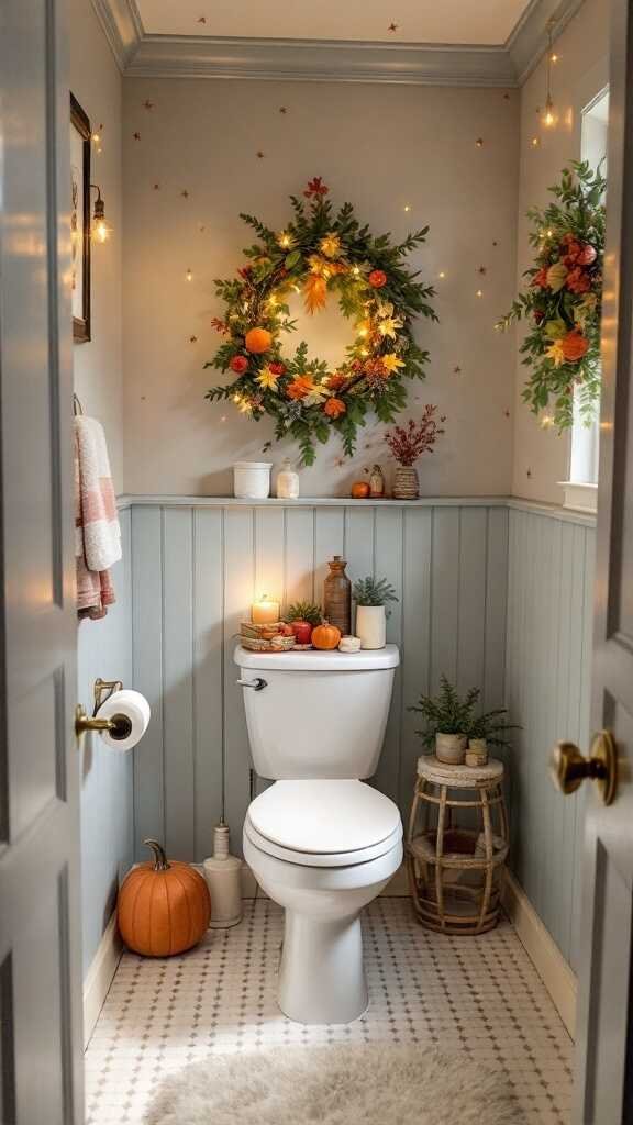 A modern small bathroom decorated for the season with wreaths, pumpkins, and candles.