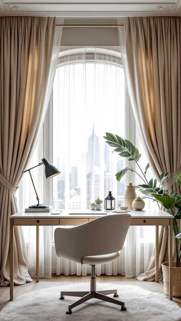 A feminine home office featuring elegant curtains and a stylish desk setup
