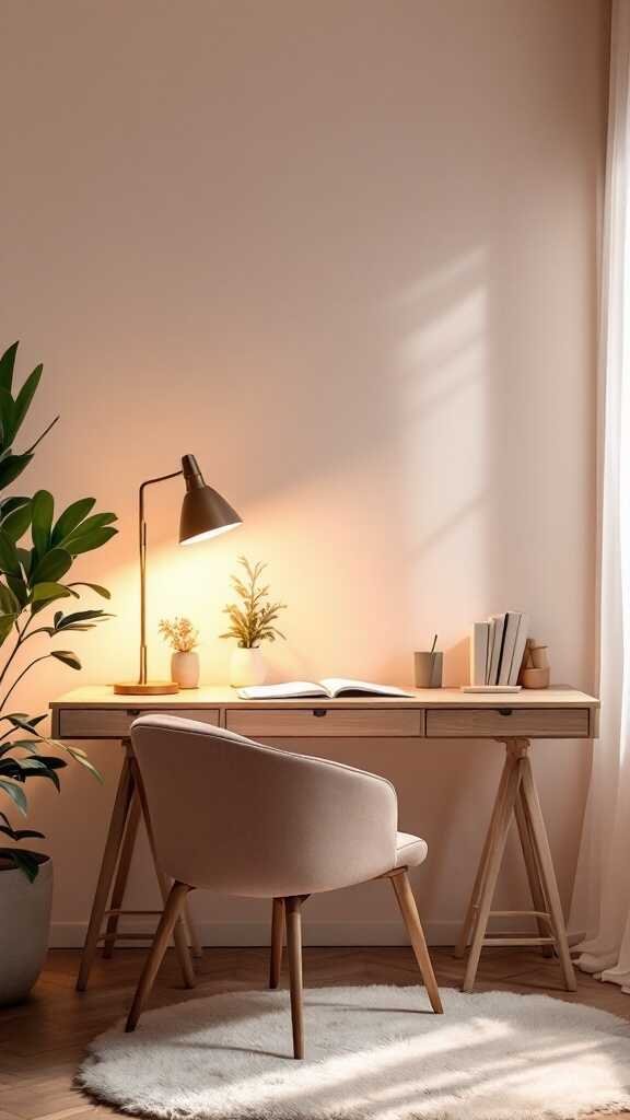 A cozy home office with a wooden desk, a soft chair, and warm lighting.