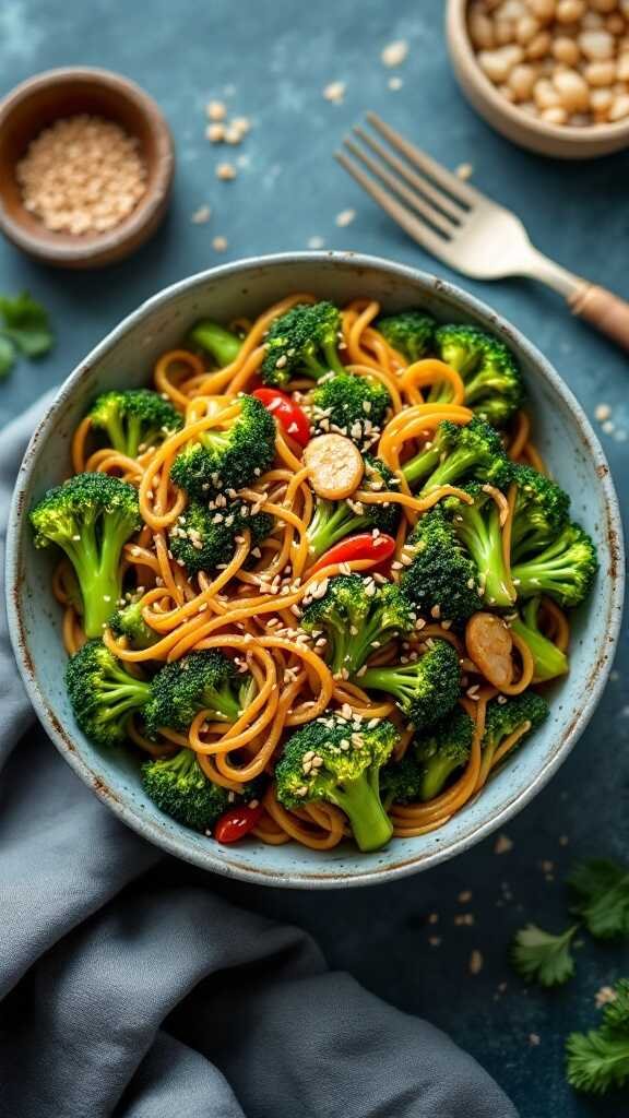 Bowl of sesame ginger broccoli stir-fry with noodles and vegetables