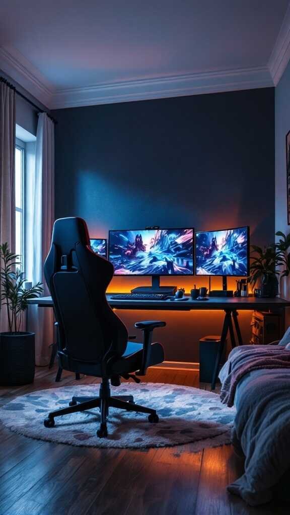 A stylish gaming bedroom with multiple monitors, a gaming chair, and cozy lighting.