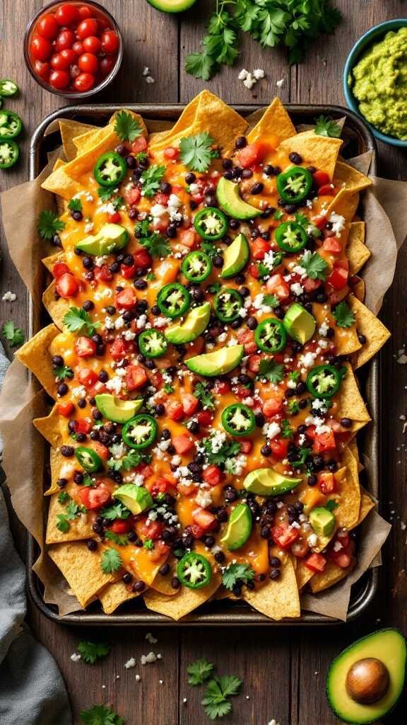 Delicious sheet pan nachos loaded with toppings like black beans, tomatoes, and avocado.