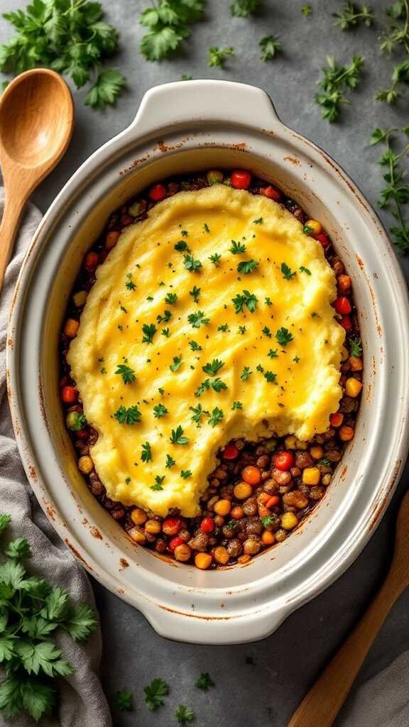 A cozy serving of vegan shepherd's pie topped with creamy mashed potatoes and garnished with parsley.