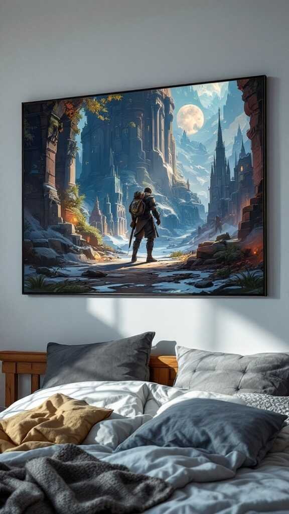 A gamer bedroom featuring a stunning game art print of a lone figure in a mystical landscape with castles and mountains.