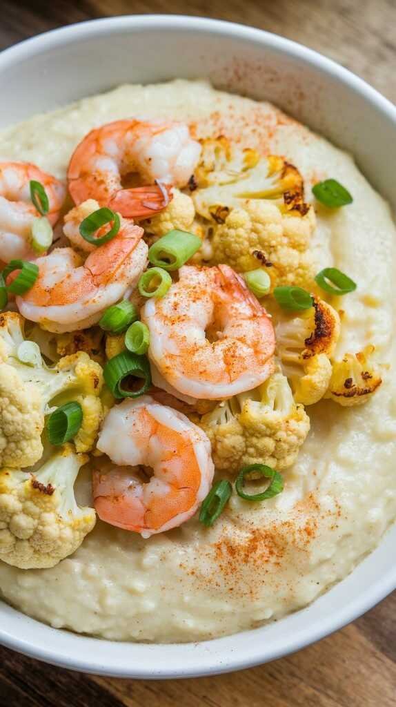 Shrimp served on creamy cauliflower grits with green onions