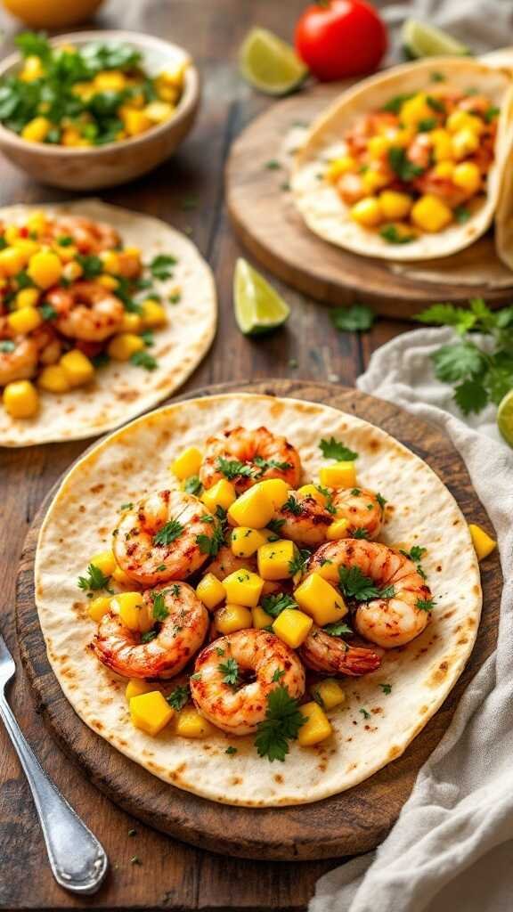 Shrimp tacos with mango salsa on tortillas topped with fresh cilantro