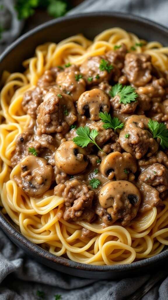 A bowl of beef stroganoff served over egg noodles, garnished with parsley.