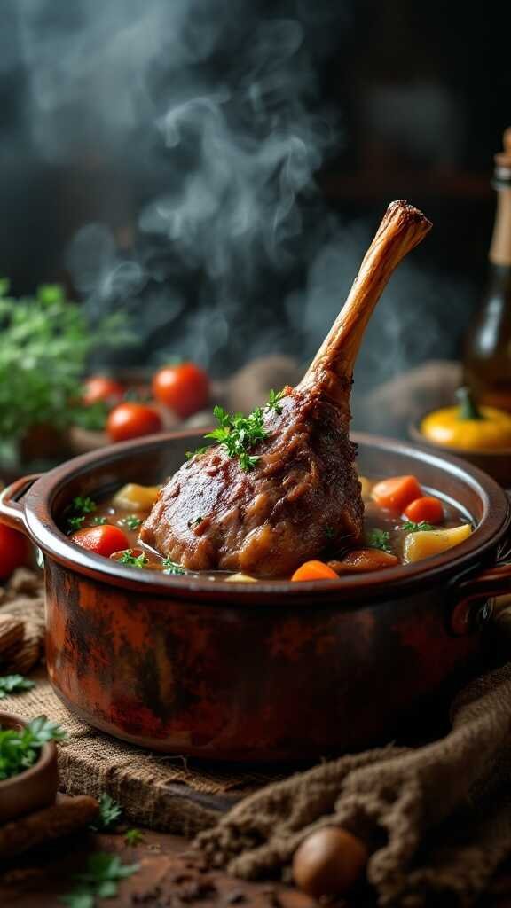 A slow-cooked beef shank in a crockpot with vegetables