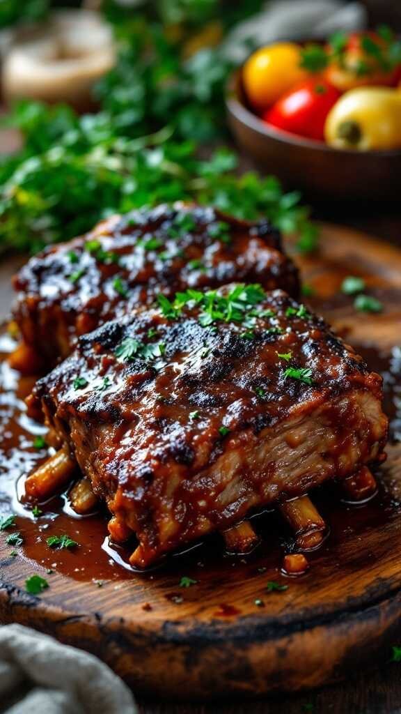 A delicious plate of slow-cooked beef short ribs, garnished with parsley.