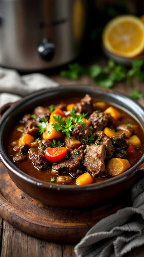 A bowl of hearty slow-cooked oxtail stew with vegetables