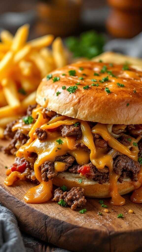 A delicious slow-cooked Philly cheesesteak sandwich with melted cheese and toppings.