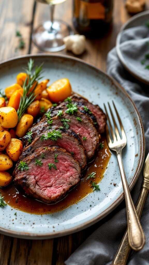 A plate of slow-cooked venison tenderloin served with roasted vegetables.