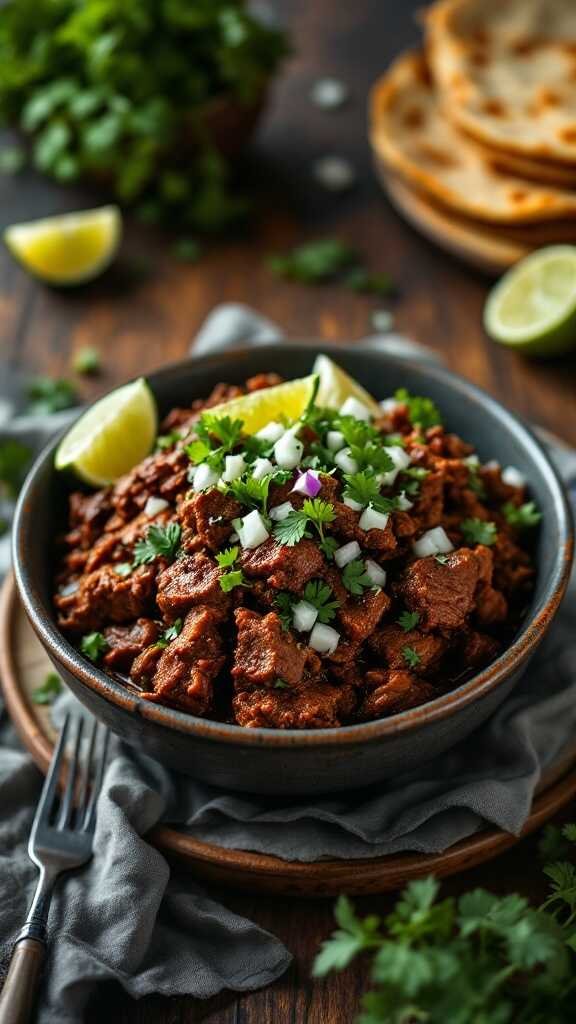 A bowl of slow-cooked barbacoa with fresh cilantro and lime