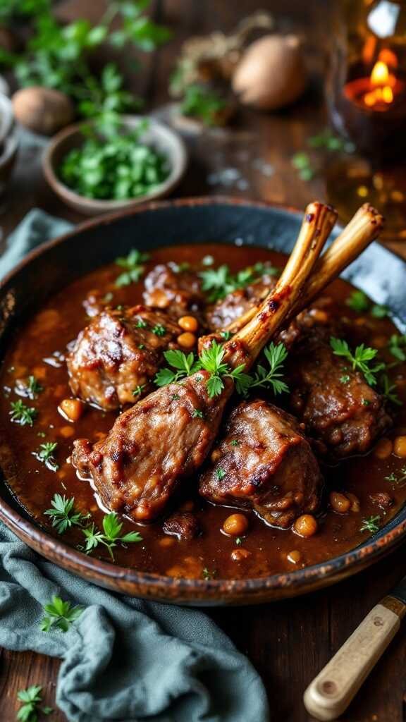 A delicious plate of slow-cooked lamb shanks garnished with herbs.