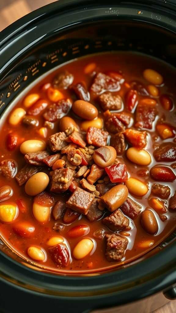 A bowl of hearty beef and bacon chili with beans