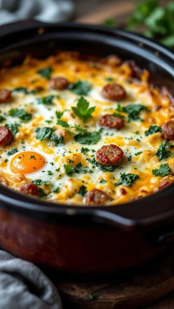 A hearty dish of baked eggs with sausage slices, melted cheese, and fresh parsley in a brown casserole dish, evoking a warm, comforting feel.