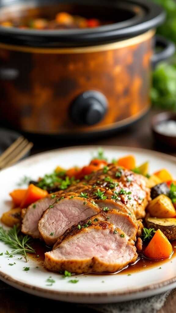 Slow cooker duck breast served with vegetables on a plate.