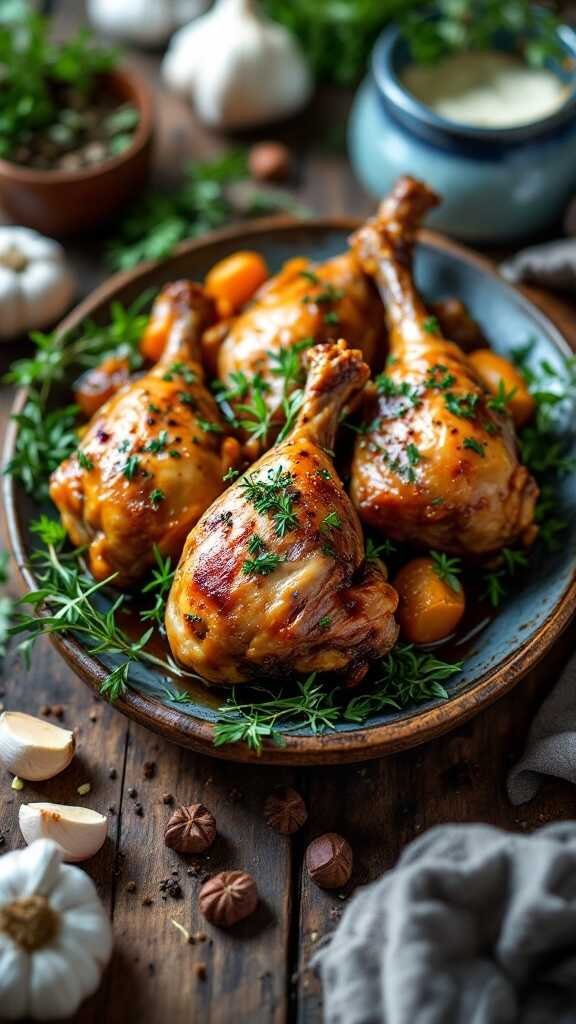 A plate of slow-cooked duck legs garnished with herbs and spices.