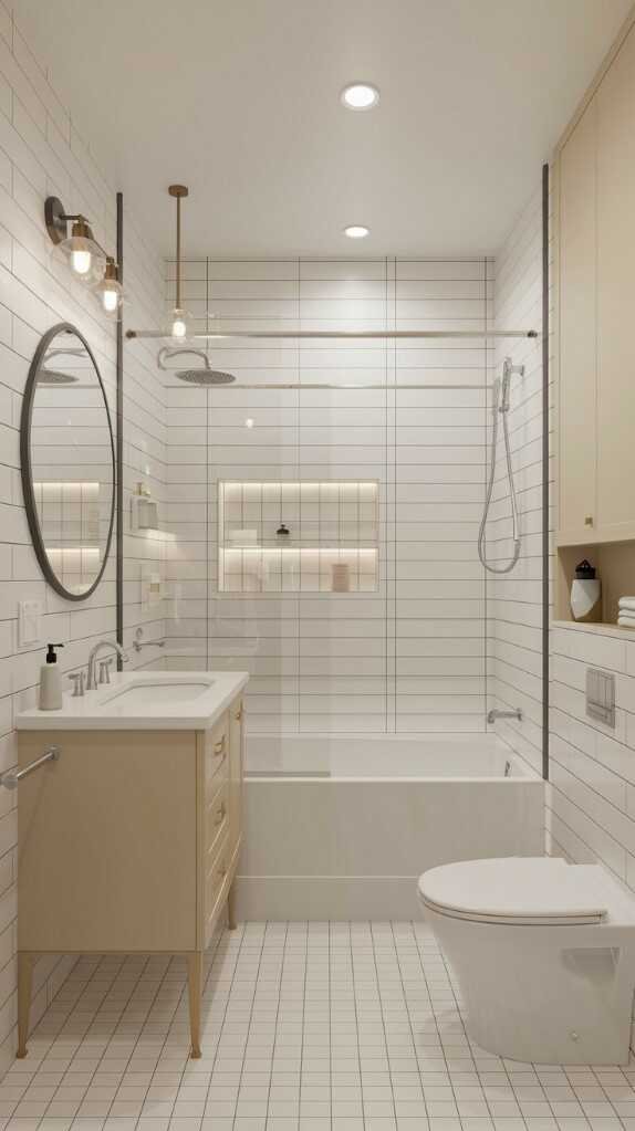 Before and after images of a small bathroom renovation showcasing modern design.