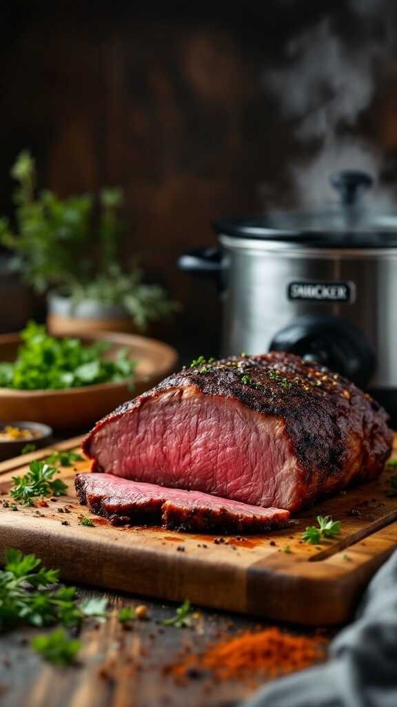 A beautifully cooked smoked brisket served on a wooden cutting board.