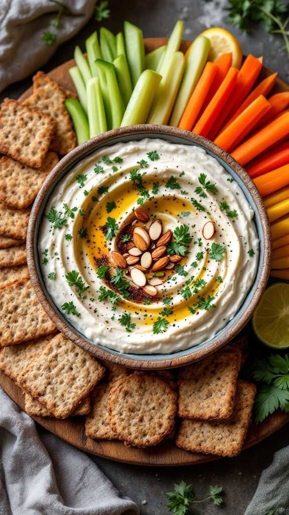 A creamy smoky almond dip served with an assortment of fresh vegetables and crackers.