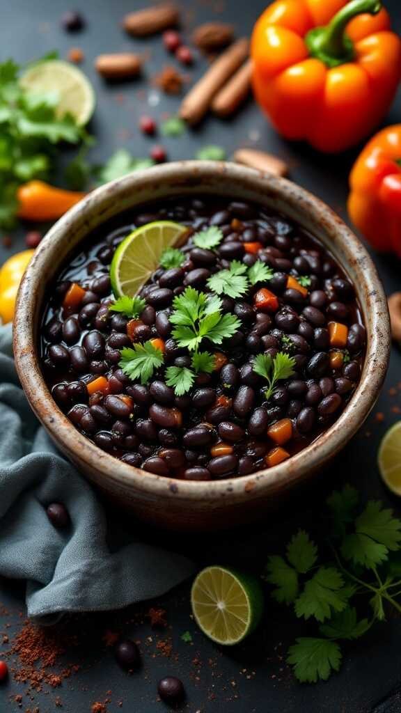 Bowl of smoky black beans garnished with lime and cilantro