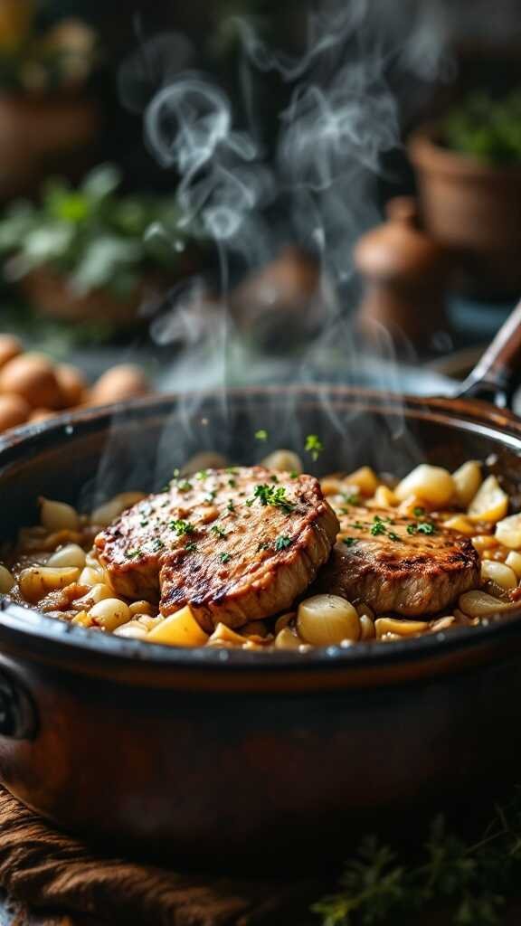 Delicious smothered pork chops in a crockpot with steam rising, showcasing a hearty and nutritious meal.