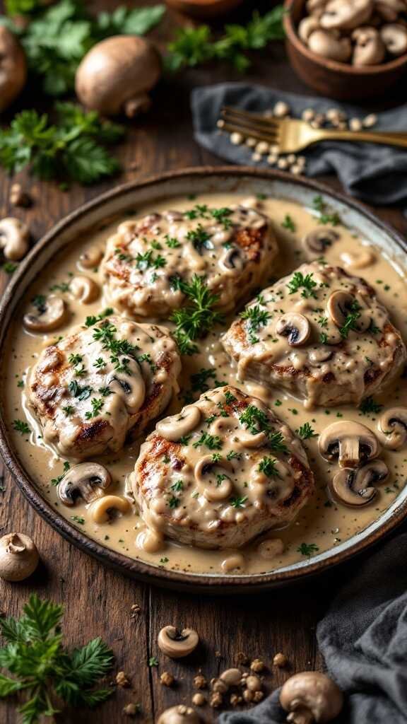 Plate of smothered pork cutlets with creamy mushroom sauce