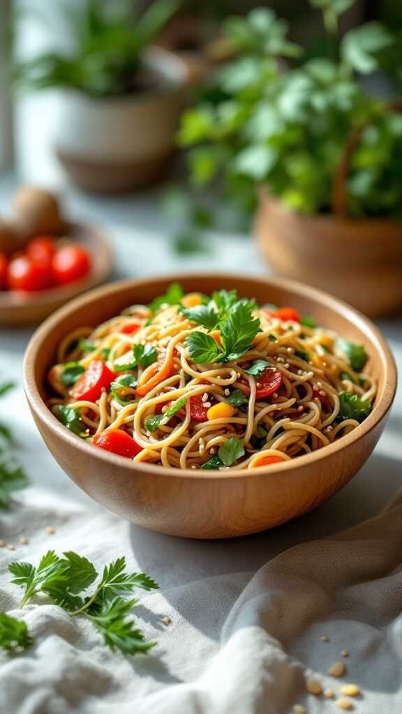 A bowl of Soba Noodle Salad with colorful vegetables and sesame-ginger dressing.