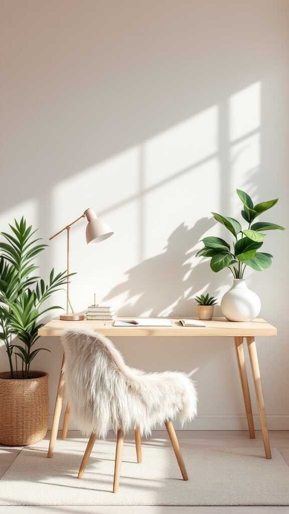 A feminine home office with a light wooden desk, a fluffy chair, and plants, showcasing a soft color palette.