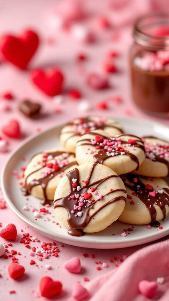 Delicious soft cream cheese cookies drizzled with Nutella glaze and decorated with colorful sprinkles for Valentine's Day.