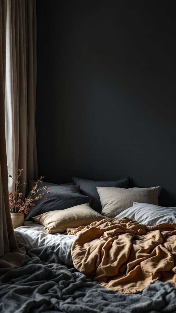 A cozy dark bedroom with layered textiles including a blanket and decorative pillows.