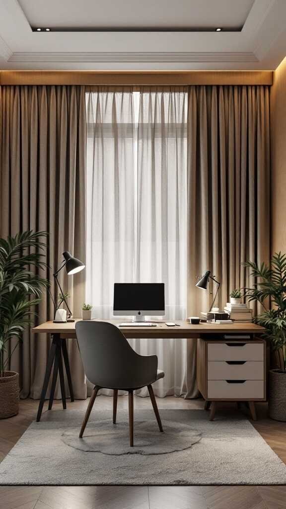 Modern home office with soundproofing features such as thick curtains and a plush rug