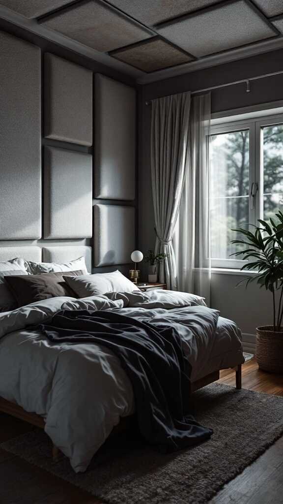 A cozy gamer bedroom with soundproof panels, soft curtains, and a plant.