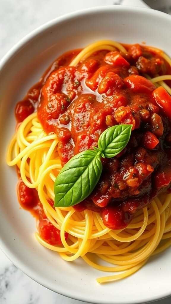 A bowl of spaghetti squash topped with marinara sauce and a basil leaf