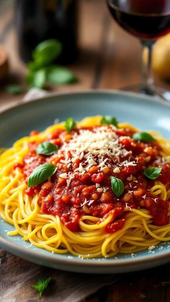 A plate of spaghetti squash topped with marinara sauce and fresh basil.