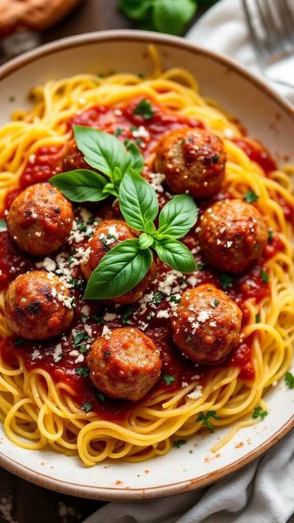 A plate of spaghetti squash topped with meatballs and marinara sauce, garnished with fresh basil.