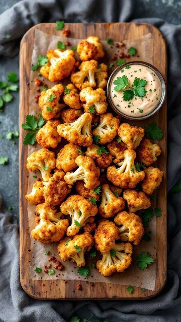 Spiced cauliflower bites served with a dipping sauce and garnished with cilantro.