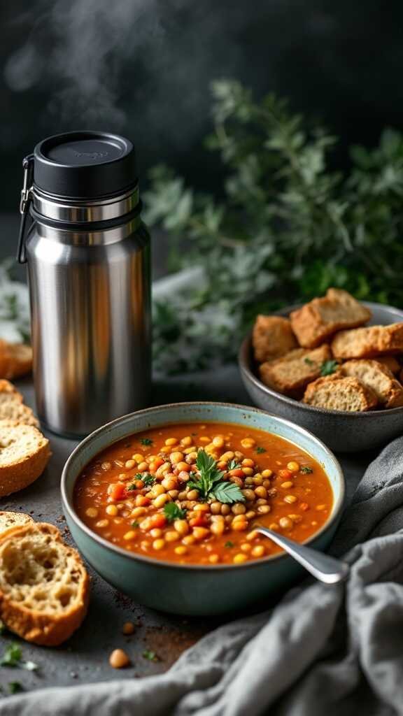 A comforting bowl of spiced lentil soup with a thermos and bread on the side.