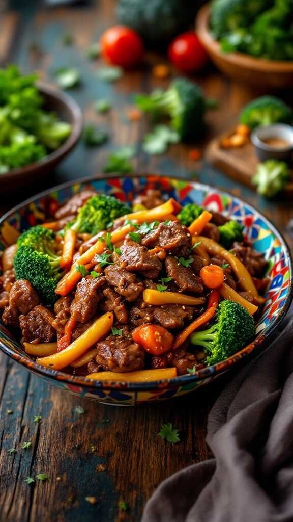 A colorful bowl of spicy beef and broccoli stir-fry with vibrant vegetables.