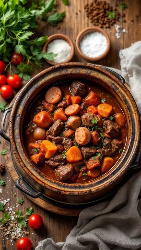 A delicious bowl of spicy beef and sausage stew with vegetables