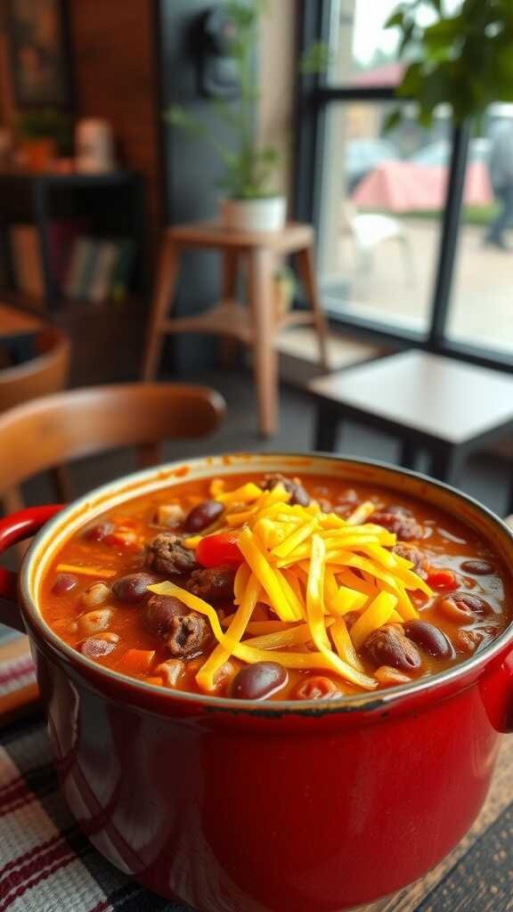 A bowl of spicy beef chili with beans topped with shredded cheese.