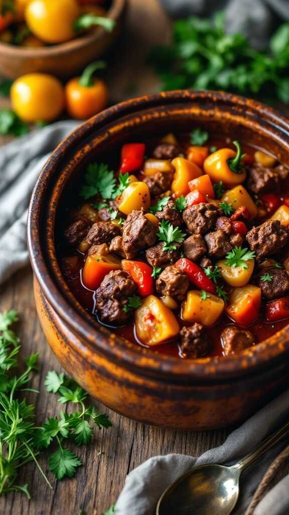 A bowl of spicy beef stew with colorful vegetables and herbs.