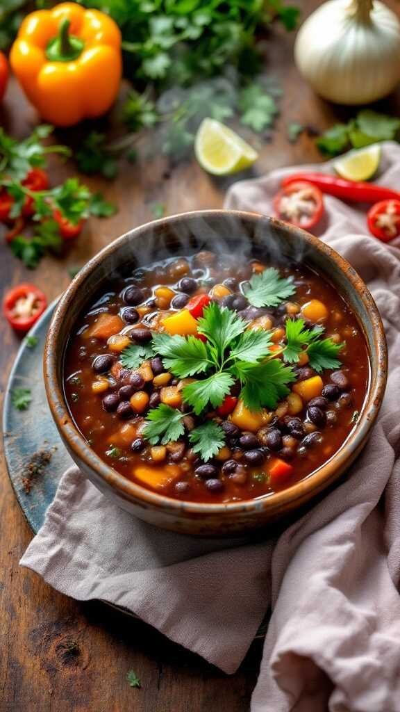 Bowl of spicy black bean soup garnished with cilantro, surrounded by fresh vegetables.