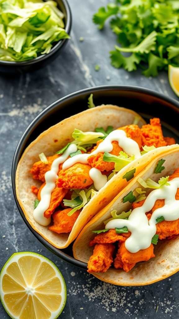 Spicy Buffalo Chicken Tacos with toppings and lime