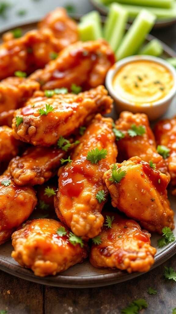 Delicious spicy garlic chicken wings served with celery and dip.