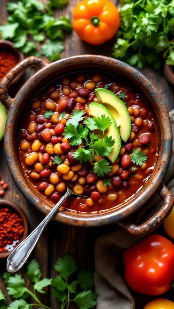 A bowl of spicy kidney bean chili topped with cilantro and avocado slices, surrounded by fresh vegetables.