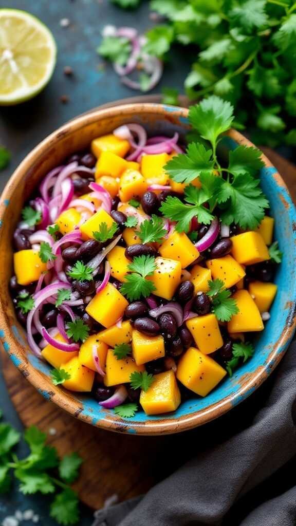 A bowl of Spicy Mango and Black Bean Salad with mango cubes, black beans, red onion, and fresh cilantro.